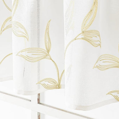 VISIONTEX White Sheer Voile Curtains, Decorative Leaves Embroidery Faux Linen Rod Pocket Window Drapes for Home Kitchen, Living Room and Bedroom 26 x 36 Inch, Set of 2 Curtain Panels