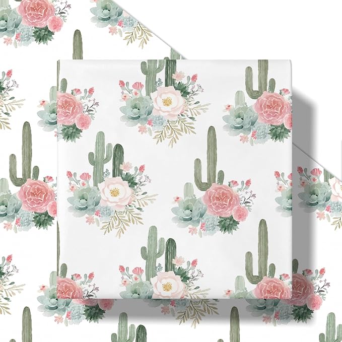 RUSPEPA Cactus Floral Wrapping Paper Roll, Mini Roll, Elegant Cacti and Roses Design, Soft Pink and Green Gift Wrap for Wedding, Birthdays, Baby Shower, Spring and Summer Party, 17 Inches x 16.4 Feet