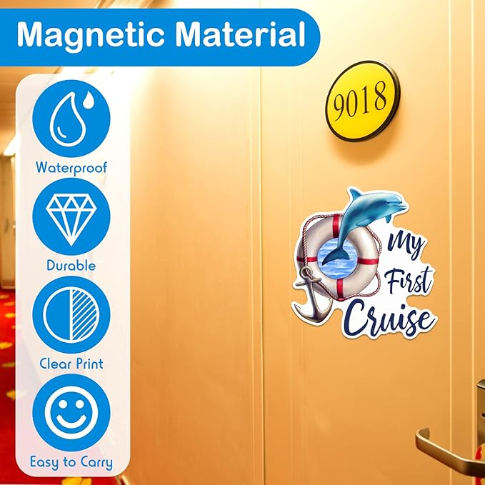 Hoteam 4 Pcs My First Cruise Door Decorations Magnetic Large My 1st Cruise Door Magnets Decor Funny Waterproof Anchor Life Preserver Ring Nautical Magnets for Carnival Cabin Stateroom Fridge Car