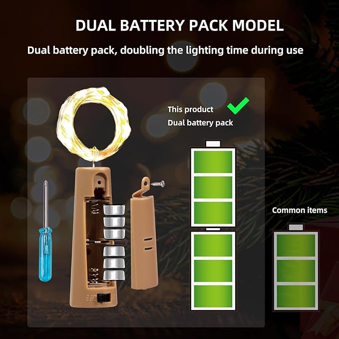 6-Pack LED Bottle Lights with Dual Battery Pack, 6.6ft 20 LEDs, Twice The Runtime, Warm White for Indoor & Outdoor Christmas Décor.(6 Pack, Warm White（Dual Battery Pack）)