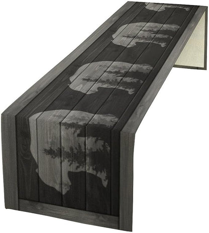 Rustic Country Bear Table Runner, Black Wood Wooden Cabin Wild Animals Hunting Table Cloth for Home Kitchen Dining Table Runner 13x120 Inch