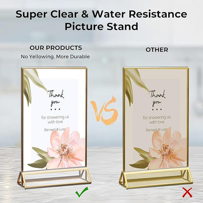 12 Pack Acrylic Sign Holder 4x6 Gold Frames, Wedding Table Number Holders Double Sided Vertical Clear Display Stand, Picture Holders for Tables, Menus, Flyers, Party and Office Decor
