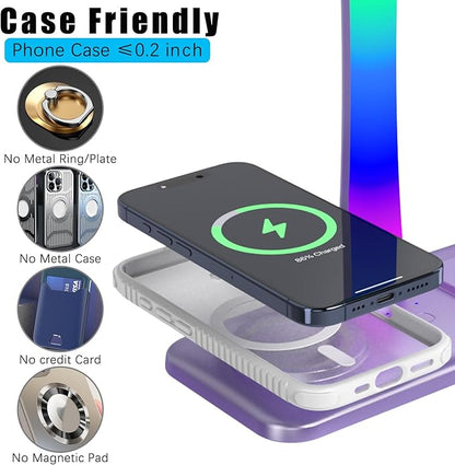 Headphone Stand with Wireless Charger,Gaming Headset Stand with RGB Light Mode,Airpod Max Stander Compatible with Airpod Pro/3/2,iPhone 16/15/14/13/12/11,Gifts for Gamers & Music Lover (Purple)