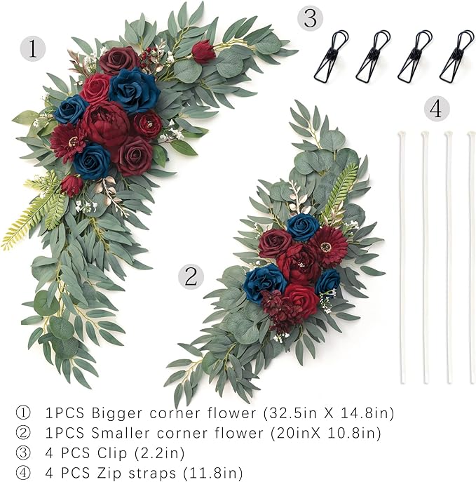 ponatia Wedding Arch Flowers (Pack of 2), Burgundy and Navy Flowers Wedding Decorations for Wedding Welcome Signs, Wedding Arches for Ceremony Reception