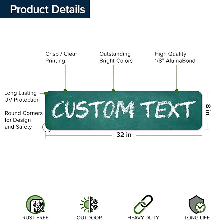 Custom Sign, Custom Street Sign, 11 Font Colors, 13 Font Styles, 4 Hole Options, 22 Sizes, 8x32 Inches, Rust Free DiBound, Fade Resistant, Made in USA by My Sign Center (Chalkboard Green)