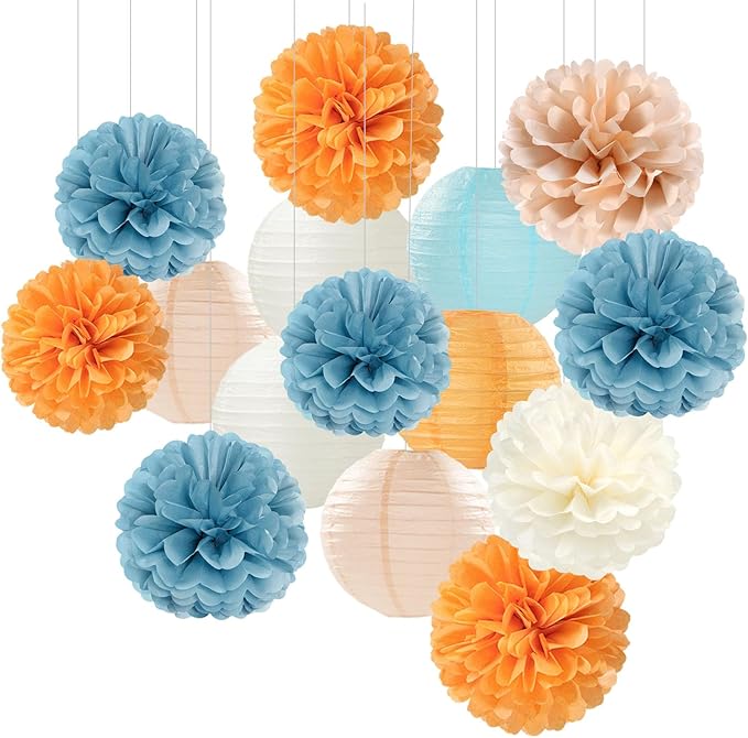 Dusty-Blue Orange Party-Decorations Paper-Flowers Lanterns - 15pc Boho Fall Peach Beige Tissue Pom Poms Streamers,Birthday Bachelorette Bridal Baby Shower Engagement Wedding Graduations Decor Panduola