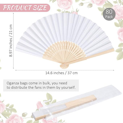 MCEAST 80 Pieces White Folding Paper Fans Wedding Fans Handheld Paper Fan White Bamboo Hand Fan Foldable Cool Favors with 80 Organza Bag for DIY Decor Wedding Party Favors Summer Guest