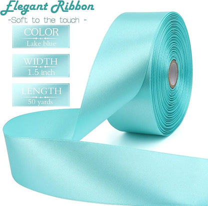 Lake Blue Solid Satin Ribbon 1-1/2 Inch 50 Yards Solid Polyester Fabric Ribbon for Gift Wrapping Wedding Christmas Baby Shower Birthday Party Decoration Handmade Immortal Flower Craft