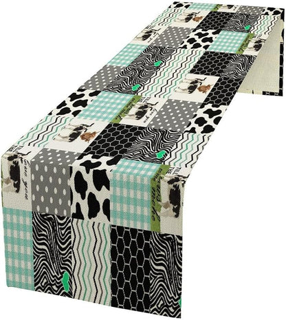Cute Cow Print Table Runner,Farm Animals Honeycomb Plaid Stripes Cowhide Pattern Tablecloth Burlap for Hotel Indoors Outdoor Dining Room Kitchen Table Decor, 13x108in