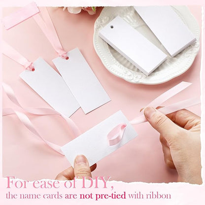 50 Pcs Name Place Cards for Table Setting Blank Wedding Place Cards with Satin Ribbon 1.57 x 3.54 Inch Hanging Gift Tags for Wedding Dinner Banquet Party Table Setting Supplies(Pink)