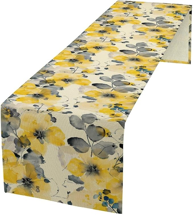 Floral Table Runner,Yellow Flowers Spring Print Table Cloth Kitchen Dining Table Home Party Decoration 13x90 Inch