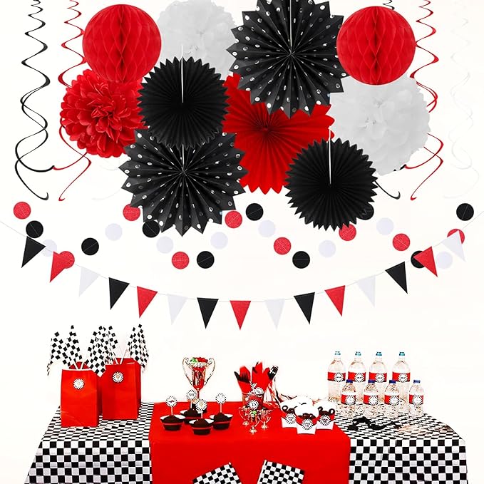 Black White-Red Party-Decorations - 33pcs Birthday Banner,Streamers Tassel Garland,Tissue Pom Poms Honeycomb,Paper Lantern Fans,Men Women Wedding Baby Shower Graduation Backdrop Supplies Decor Hugtmr