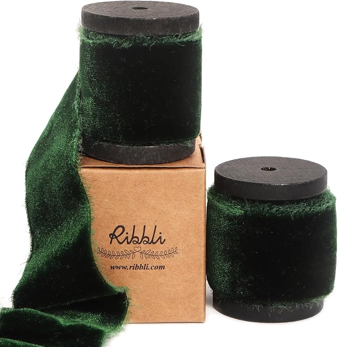 Ribbli Forest Green Velvet Ribbon 1.5 Inch Handmade Frayed Vintage Christmas Ribbon for Gift Wrapping Christmas Tree Ornament Wreath Craft Home Decor -Total 3 Yards with Wooden Spool