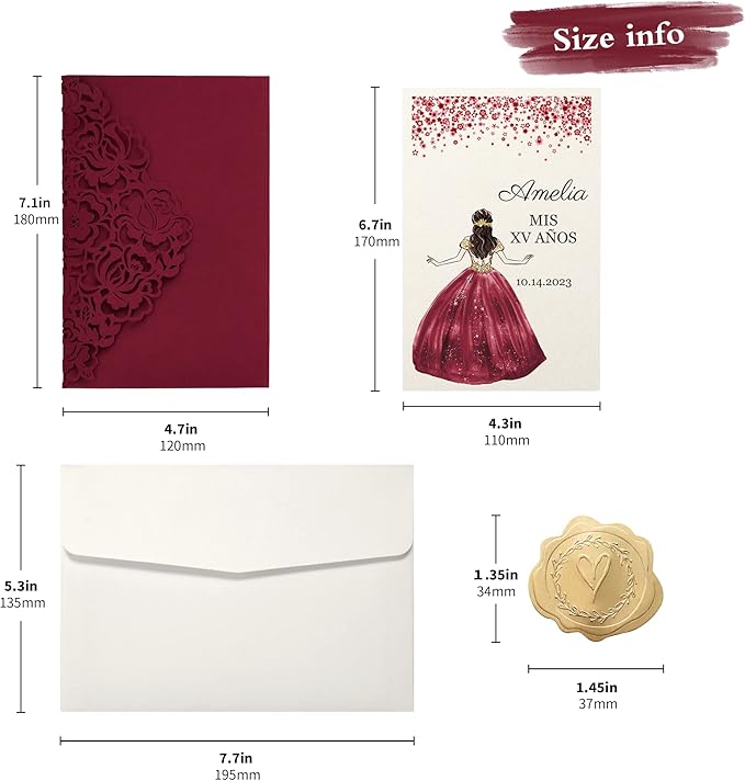 DORIS HOME 50pcs Laser Cut Quinceanera Invitations Burgundy, 4.7x7.1 Personalized Quince Invitations for 15th Birthday, Invitation cards for Sweet 16 with Envelopes