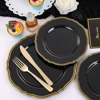 Hioasis 60pcs Black Plastic Plates - Black and Gold Disposable Dinnerware with Gold Rim, Heavy-duty, 7.5 inch, Dessert Plates for Party & Halloween
