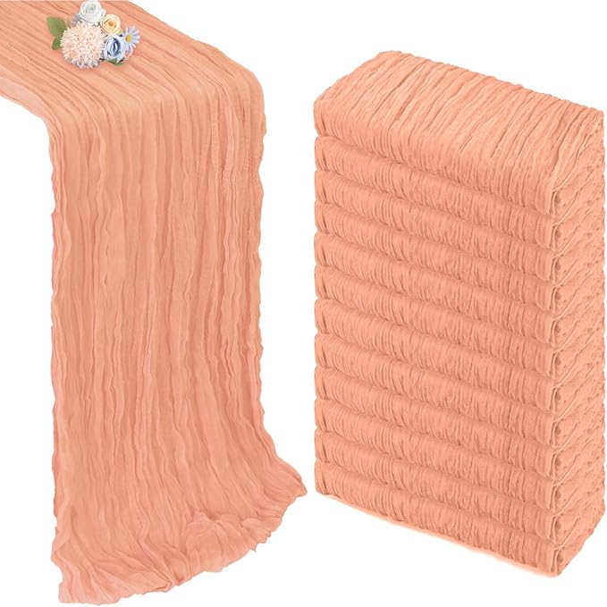 12 Pack Peach Cheesecloth Table Runner 10ft Boho Gauze Fabric Cheese Cloth Table Runner 35 x 120 Inch Rustic Sheer Runner for Romantic Wedding Decor Baby Shower Party Table Centerpiece Decoration