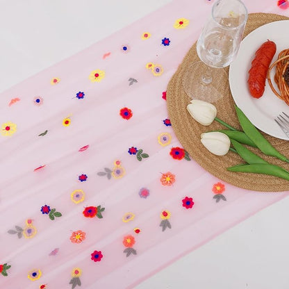 BINBE 1pcs Pink Daisy Fall Table Runner Embroidery Gauze 10FT Florals Seasonal Tulle Holiday Birthday Kitchen Dining Table Decor for Home Party