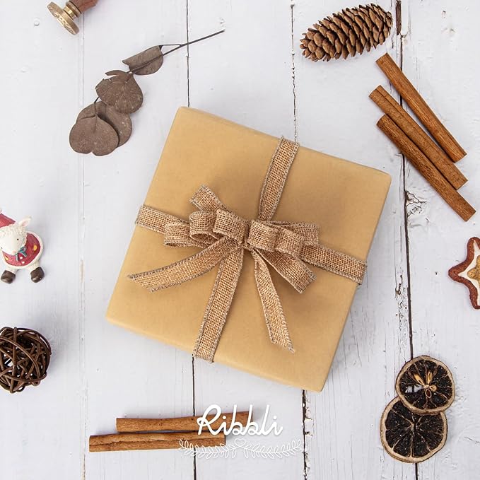 Ribbli Natural Burlap Wired Ribbon, 1/2 Inch x Continuous 20 Yard, Wired Edge Ribbon for Wreaths, Big Bows, Tree Decoration, Outdoor Decoration