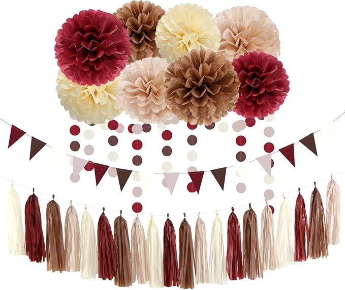 Brown Burgundy Champagne-Gold Party-Decorations - 30pcs Rustic Boho Wedding Tissue Pom-Poms Streamers ,Fall Autumn Tassel Garland Banner,Birthday Baby Bridal Shower Engagement Decor Lasting Surprise