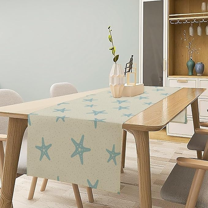 Sea Turtle Table Runner Marine Life Starfish Nautical Blue Green Ocean Theme Kitchen Table Decorations for Indoor Outdoor Home Party Decorations 13 * 90 Inch