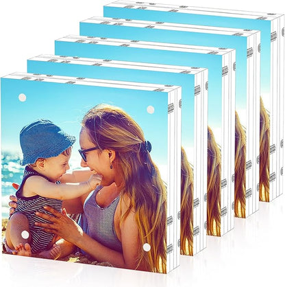 HELPLEX 5 Pack 5x5 Acrylic Picture Frames, 20mm Thicker Frameless Clear Frame Double Sided Magnetic Frame, Free Standing Desktop Display Stand Acrylic Frames