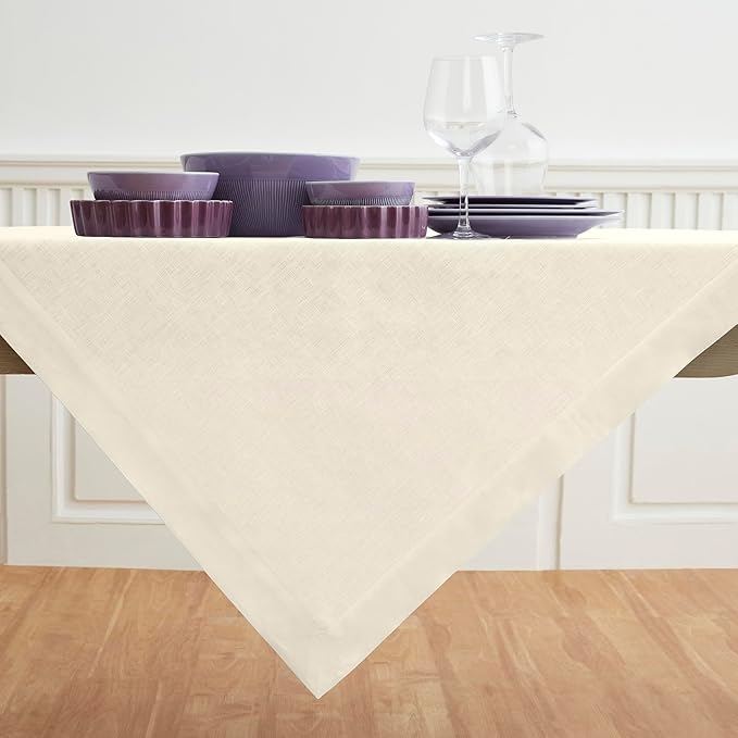 Solino Home Linen Ivory Tablecloth 52 x 52 Inch - 100% Pure Linen Square Table Throw - Fete, Machine Washable Table Cloth for Fall, Autumn, Thanksgiving, Christmas, Holiday