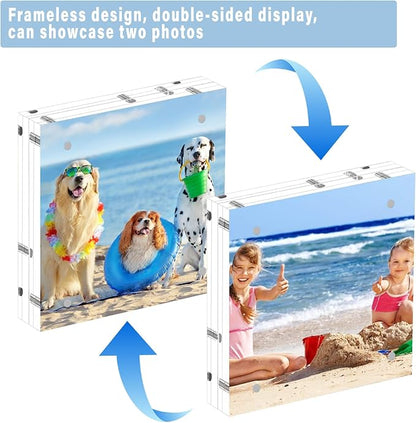 HELPLEX 3 Pack 5x5 Acrylic Picture Frames, 20mm Thicker Frameless Clear Double Sided Magnetic Frames, Free Standing Desktop Display Stands, 5x5