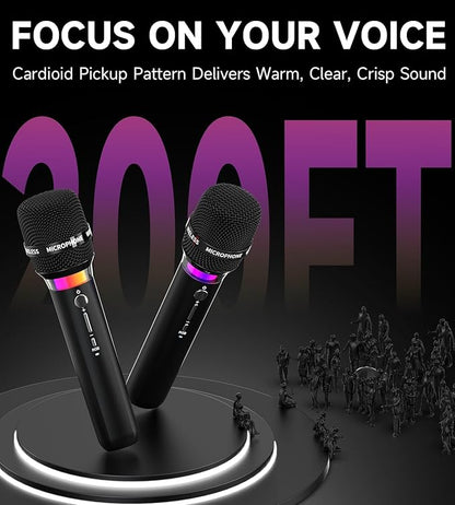 Wireless Microphone, Rechargeable Wireless Microphones with One-to-One Chip Connection and LED Lights, 40H Duration, 200FT Range Receiving, Less Latency Karaoke Microphone for Singing, Speech, Party