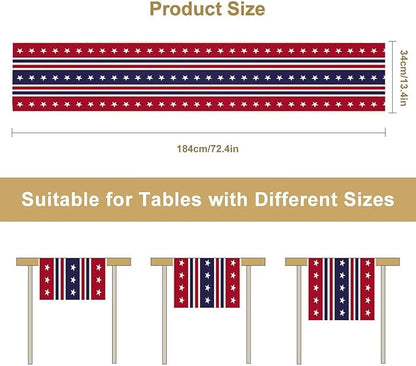 4th of July Table Runner, USA Flag Stars Stripes American Independence Day Red Blue White Stars Lines Print Table Cover for Farmhouse Kitchen Indoor Outdoor Home Party, 13x60inch