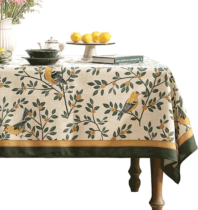 patdrea Designer Green French Linen Rectangular Tablecloth,Vintage Durable Floral Table Cloth,Decorative Table Cover for Kitchen Dining,Parties,Party,Christmas,Thanksgiving,55"x87"-Warbler