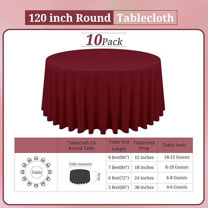 10 Pack Burgundy Round Tablecloths - 120 Inch, Polyester Table Cover for Round Table, Stain and Wrinkle Resistant Washable Fabric Tablecloth, Polyester Tablecloth for Wedding Banquet Parties