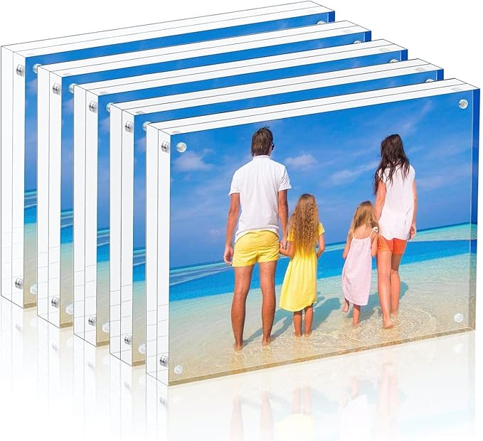 Meetu Acrylic Picture Frame 3.5 x 5 inch,5 Pack Clear Freestanding Double Sided 20mm Thickness Frameless Magnetic Photo Frames Desktop Display with Gift Box Package