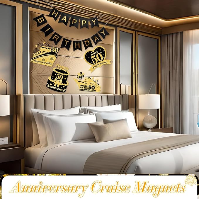 4 PCS Large 50th Anniversary Cruise Door Magnets Decorations Happy 50th Anniversary Cruise Ship Door Decor Magnetic Wedding Magnets Garage Refrigerator Car Magnets for Cabin Stateroom (Black Gold)