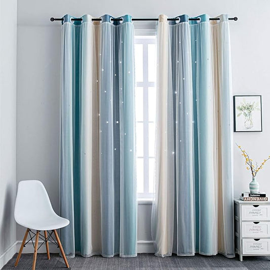 FANLI Ombre Rainbow Blackout Curtains for Kid Girls Bedroom Living Room Darking Stripe Double Layer Star Cut Out Wall Home Decor Gradient Grommet Window Curtains (Blue/Yellow, 52W x 72L)