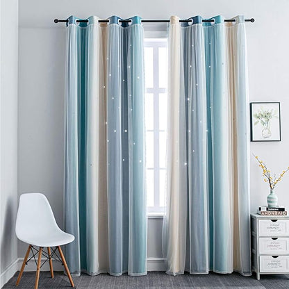 FANLI Ombre Rainbow Blackout Curtains for Kid Girls Bedroom Living Room Darking Stripe Double Layer Star Cut Out Wall Home Decor Gradient Grommet Window Curtains (Blue/Yellow, 52W x 95L)