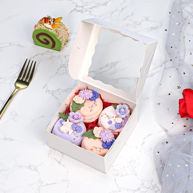 100-Pack 4X4X2 Elegant White Bakery Boxes - Treat/Cookie/Truffle Boxes for Mini Cakes, Pies & Cinnamon Rolls - Wedding Party Favor Packaging
