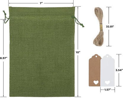Tapleap Gift Bags - 30Pcs 7x10 Green Burlap Sacks with Tags and String for Wrapping Halloween Gifts, Wooden Cross, For Birthday, Wedding, Party, Church