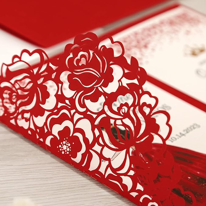 DORIS HOME 50pcs Laser Cut Quinceanera Invitations Red, 4.7x7.1 Personalized Quince Invitations for 15th Birthday, Invitation cards for Sweet 16 with Envelopes