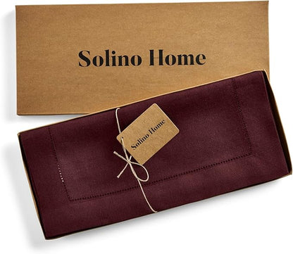 Solino Home Linen Table Runner 60 Inches - 100% Pure Linen Burgundy Hemstitch Table Runner 14 x 60 Inch Ideal for Dresser and Coffee Tables - Fall, Thanksgiving, Christmas, Holiday - Classic Hemstitch
