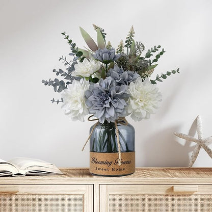 Fake Flowers with Vase,Silk Artificial Flowers in Vase,Fake Plants and Faux Flower Arrangement for Centerpiece Kitchen Table Decorations,Home Decor