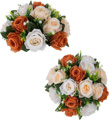 BLOSMON Flower Balls for Centerpieces Decoration: 2 Pcs Terracotta Artificial Rose Kissing Balls for Table - Fall Fake Silk Floral Bouquet with Base Arrangements for Home Party Room DIY Decor