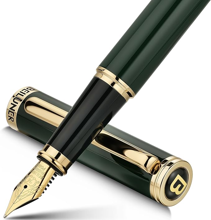 BEILUNER Racing Green Fountain Pen,Stunning Luxury Pens with 24K Gold Finish, Gorgeous 24K Gilded Nib(Medium), Fancy Pen Gift for Men&Women -Ink Converter-Christmas, Office,Fancy,Nice Pen for Writing