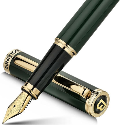 BEILUNER Racing Green Fountain Pen,Stunning Luxury Pens with 24K Gold Finish, Gorgeous 24K Gilded Nib(Medium), Fancy Pen Gift for Men&Women -Ink Converter-Christmas, Office,Fancy,Nice Pen for Writing