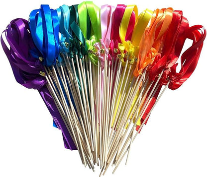 Kingsnow 50 Pack Ribbon Wands Wedding Streamers with Bells, Silk Fairy Stick Wish Wands Party Favors for Wedding Send Off Party Activities Table Holiday Celebration