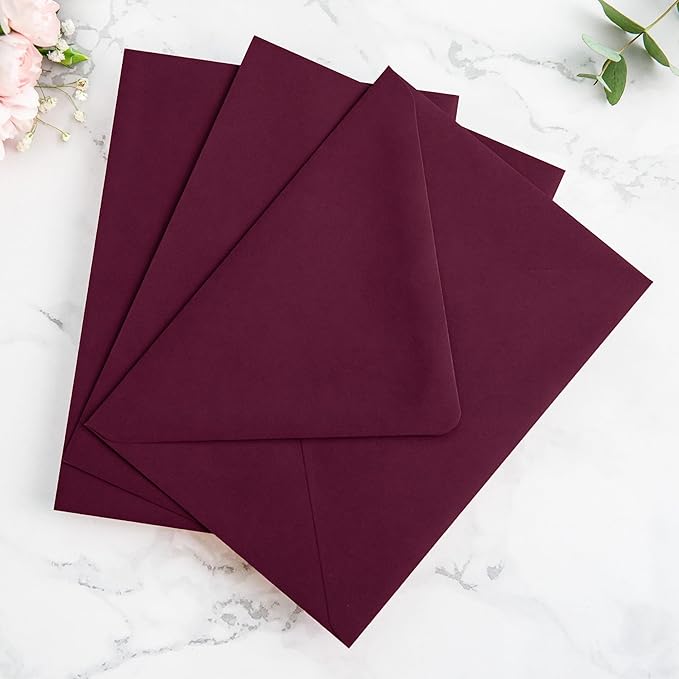 PONATIA 50PCS A7 Euro Flap Envelopes, 5.25 x 7.25'' Burgundy Flowers Liner Envelope for 5x7'' Wedding Invitation Cards, Christmas Gift Cards, Acrylic Invitations, Photos
