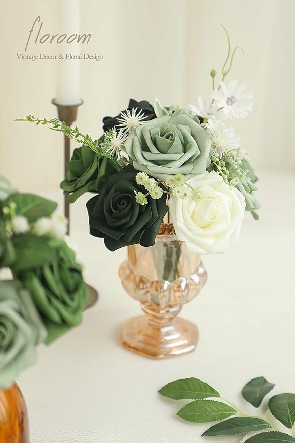 Floroom Artificial Flowers 25pcs Real Looking Forest Green Ombre Colors Foam Fake Roses with Stems for DIY Wedding Bouquets Bridal Shower Centerpieces Sage Green Floral Arrangements Decorations