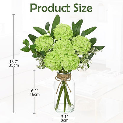 Hollyone Green Hydrangea Artificial Flowers in Clear Glass Vase with Faux Water Silk Hydrangeas Fake Flowers Floral Arrangement for Home Bathroom Kitchen Office Table Centerpiece Shelf Decorations
