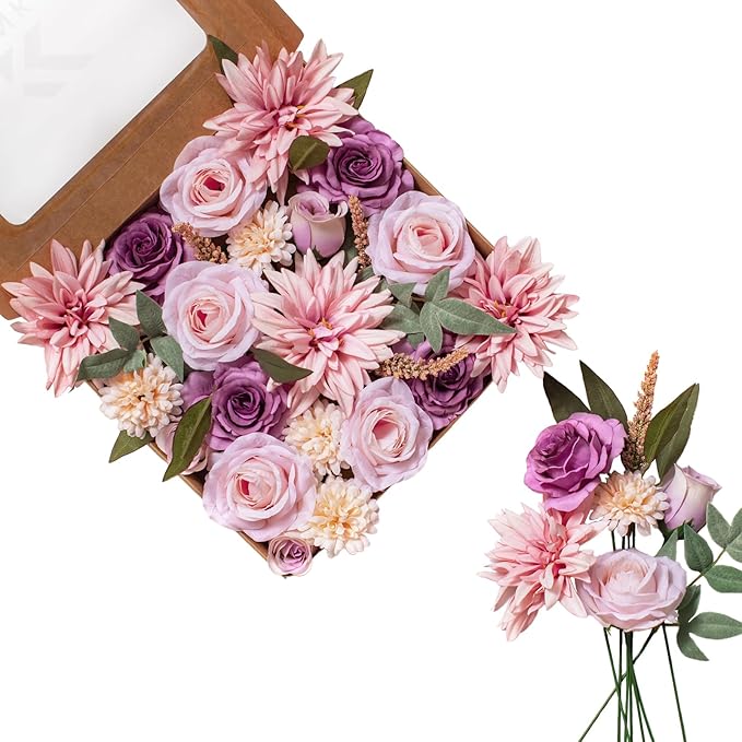FANKO Rose Artificial Flowers Combo for DIY, Fake Purple Rose Artificial Silk Flowers with Greenery, Real Looking Artificial Faux Flowers for Wedding, Table Decoration, Centerpieces, Party, Home Décor