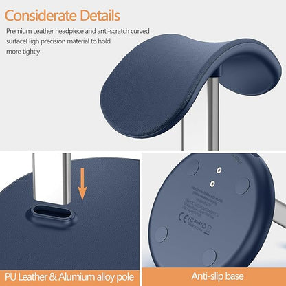 Headphone Stand with Wireless Charger, Gaming Headset Holder Hanger Rack 2 in 1 Wireless Charging Station Dock for iPhone 15/14/13/12/11 Series, Samsung, AirPods Pro/3/2, Aluminum Alloy Rod, Navy Blue
