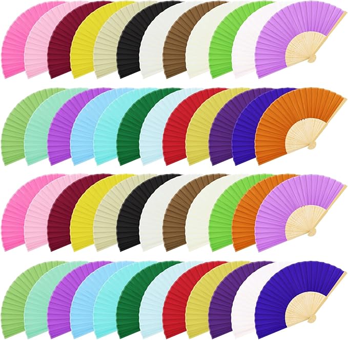 URATOT 48 Pieces Folding Fans Silk Bamboo Folding Fans Handheld Fans for Wedding, Party Decoration (Assorted Colors)